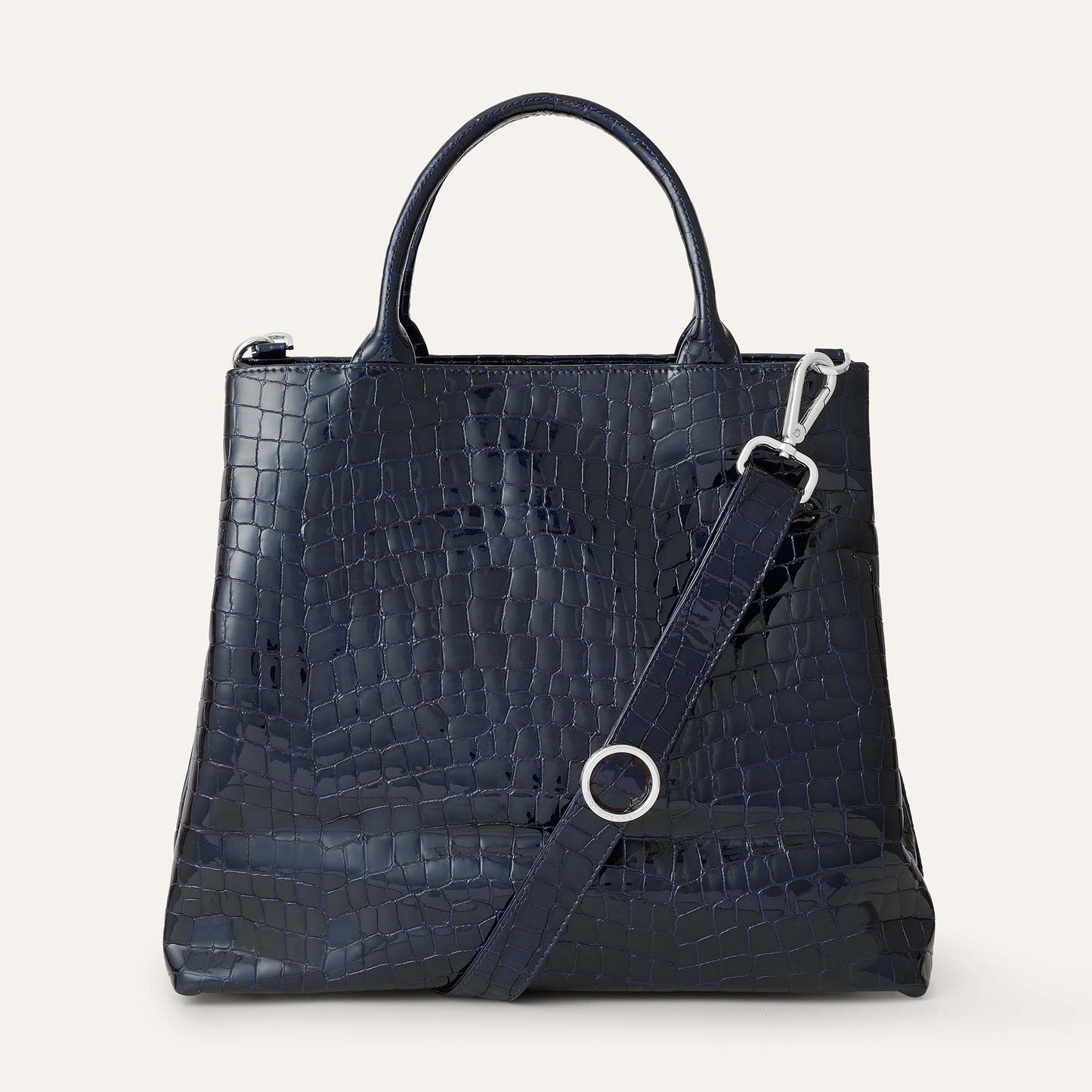 Dahlia Tote | Navy Patent Croc with Silver hardware