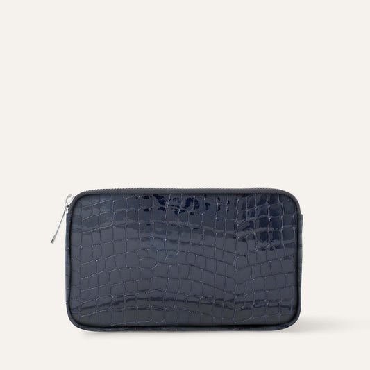 Millie Pouch | Navy Patent Croc with Silver hardware