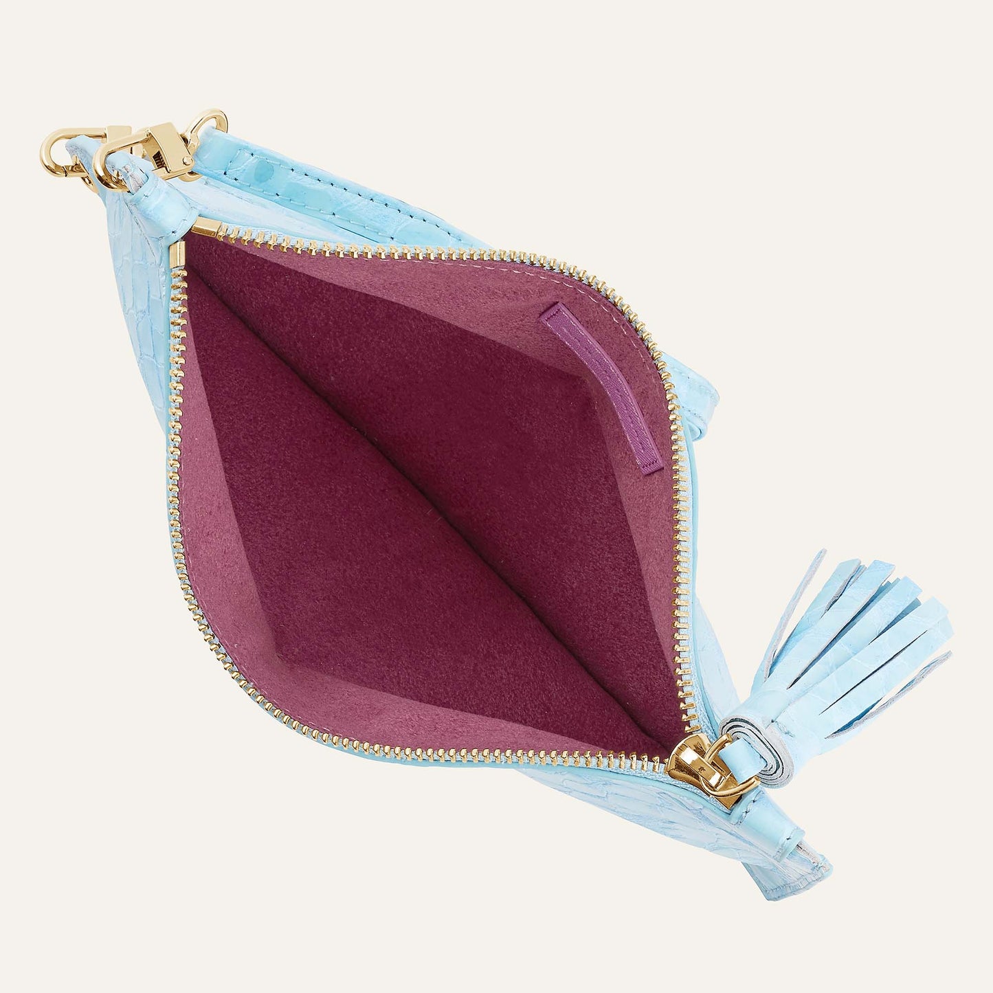 Clover Pouch | Sky Blue Patent Croc with Gold hardware