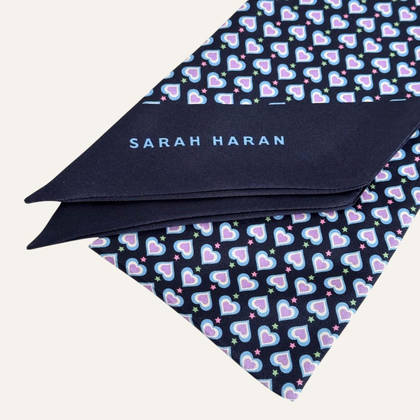 Navy Heart Sarah Haran Silk Scarf Close closeup