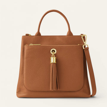 Tan Sarah Haran Dahlia Tote with Gold hardware front