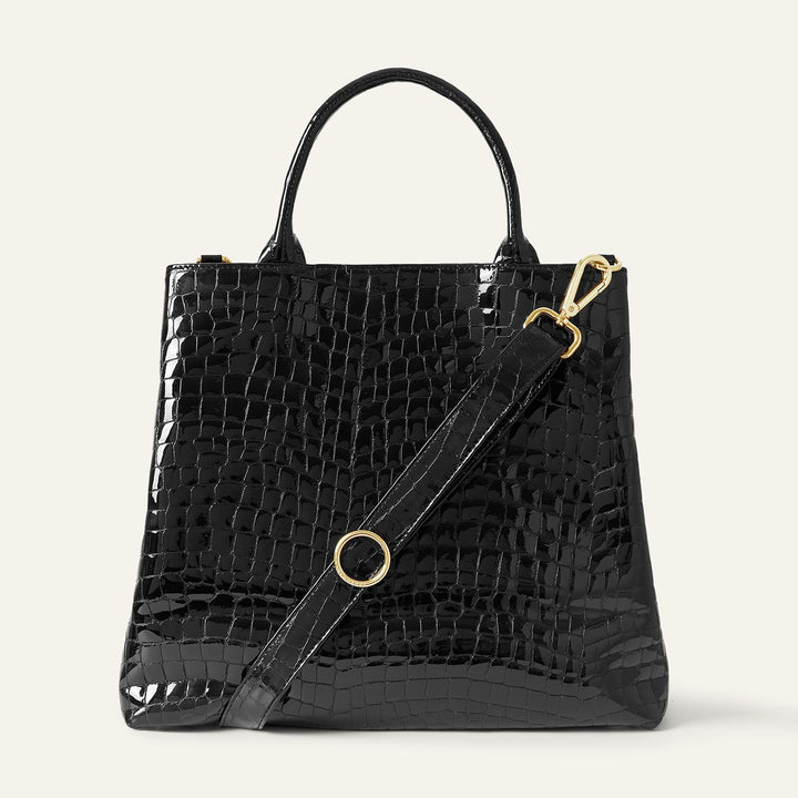 Black Patent Croc Dahlia 2-in-1 Tote - Patent with Gold hardware back| B27-G