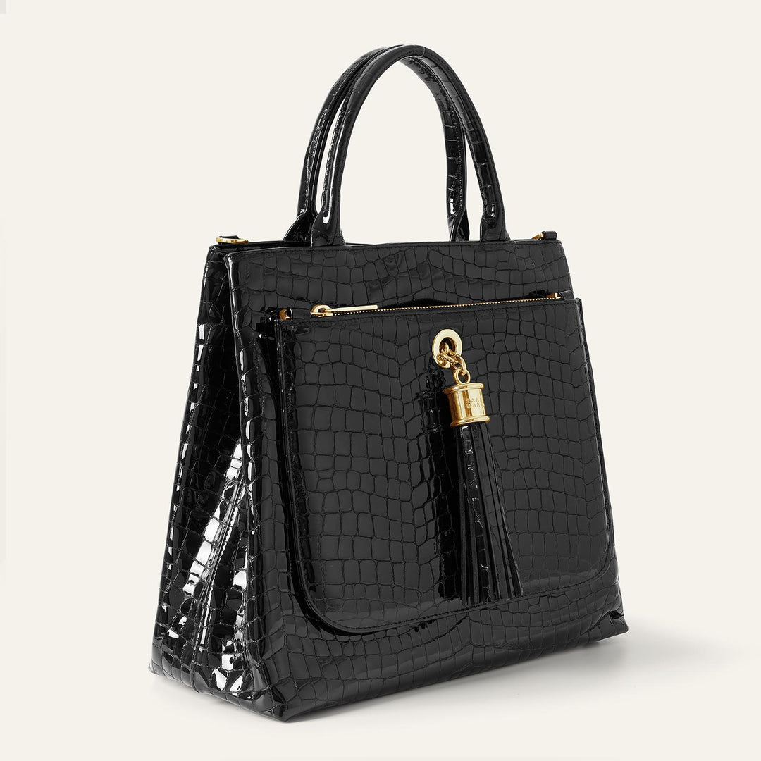 Black Patent Croc Dahlia 2-in-1 Tote - Patent with Gold hardware  side Closed| B27-G