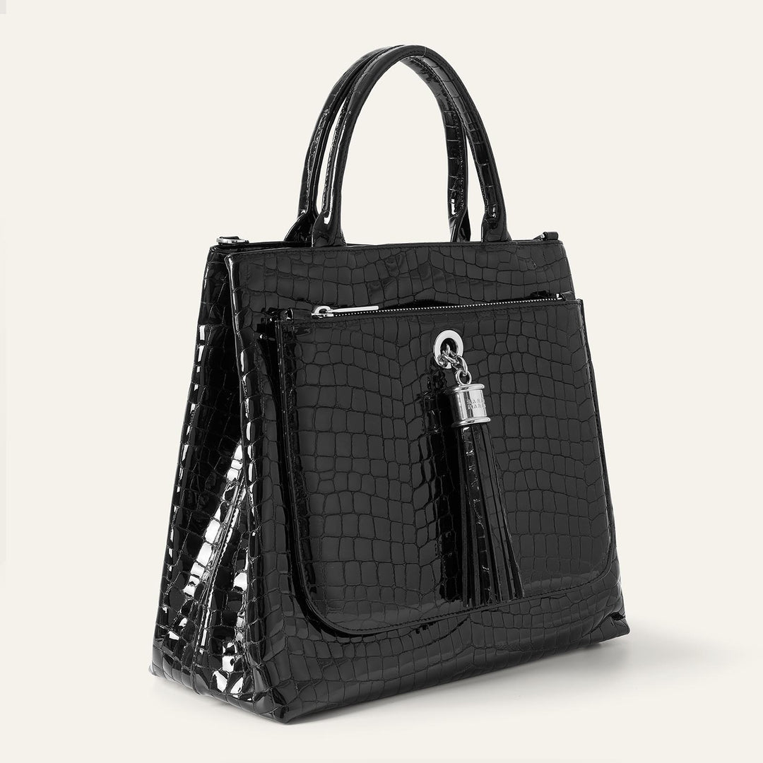 Black Patent Croc Dahlia 2-in-1 Tote - Patent with Silver hardware side Closed| B27-S