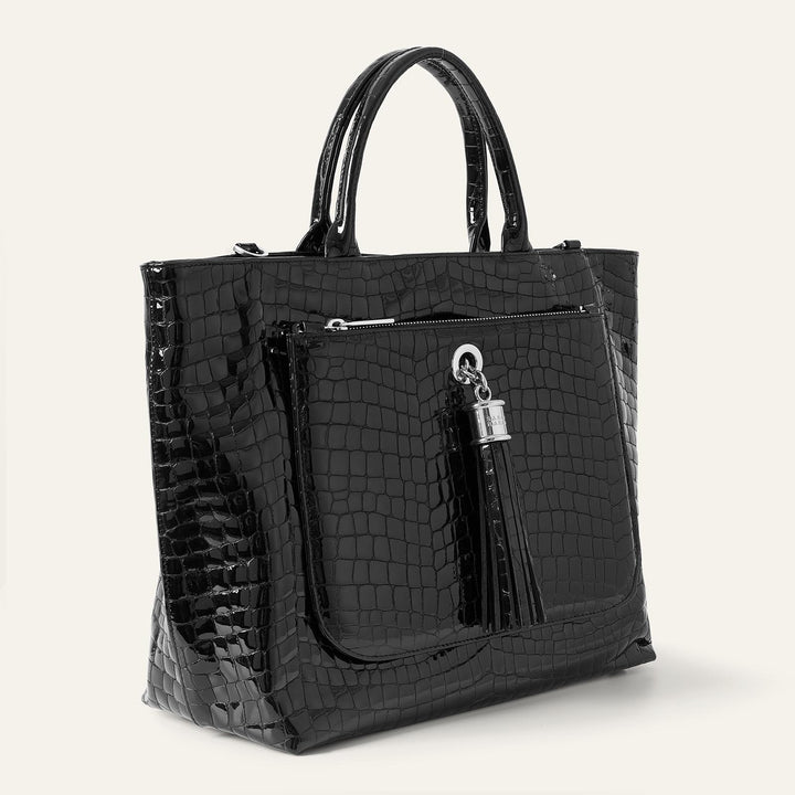 Black Patent Croc Dahlia 2-in-1 Tote - Patent with Silver hardware side open| B27-S