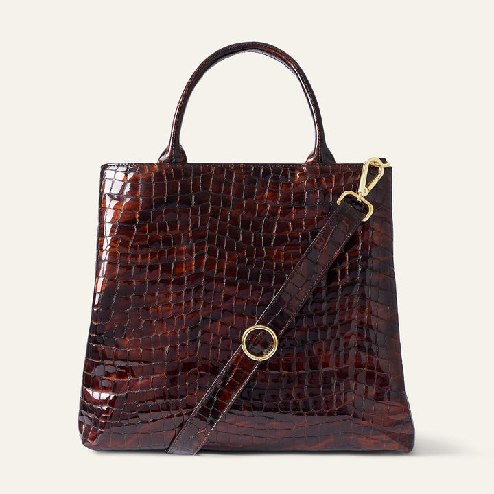 Brown Patent Croc Dahlia 2-in-1 Tote - Patent with Gold hardware back| N33-G