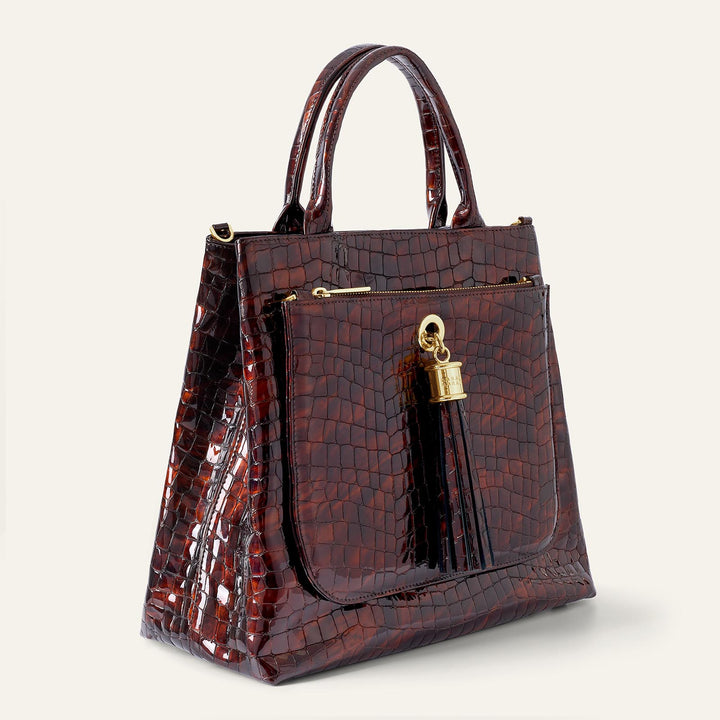 Brown Patent Croc Dahlia 2-in-1 Tote - Patent with Gold hardware side Closed| N33-G