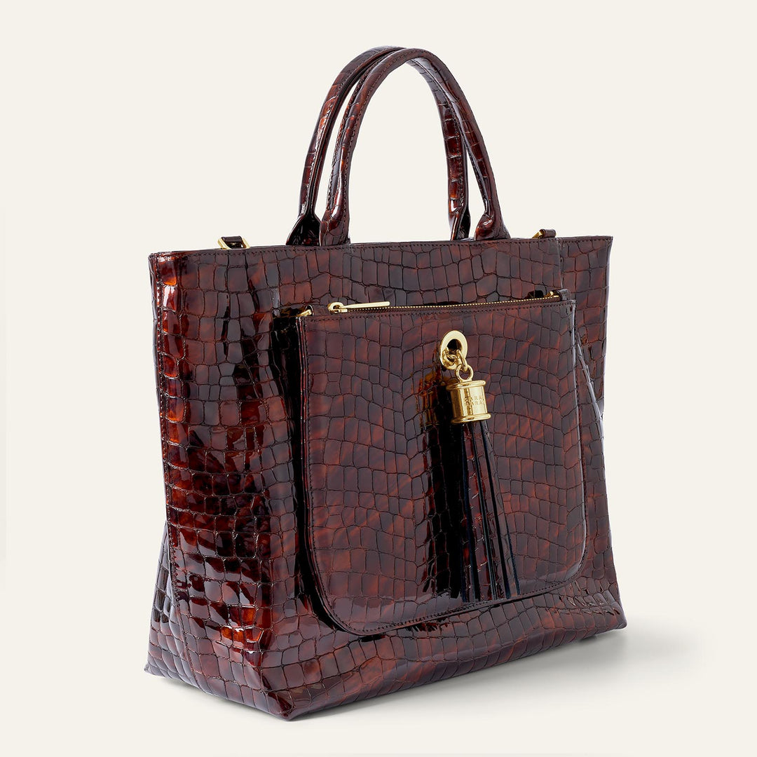 Brown Patent Croc Dahlia 2-in-1 Tote - Patent with Gold hardware side open| N33-G