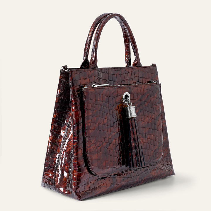 Brown Patent Croc Dahlia 2-in-1 Tote - Patent with Silver hardware side Closed| N33-S