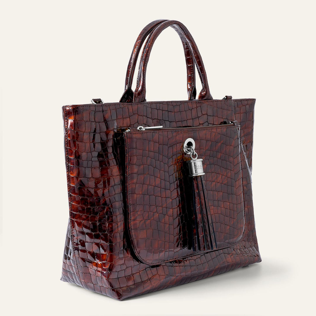 Brown Patent Croc Dahlia 2-in-1 Tote - Patent with Silver hardware side open| N33-S