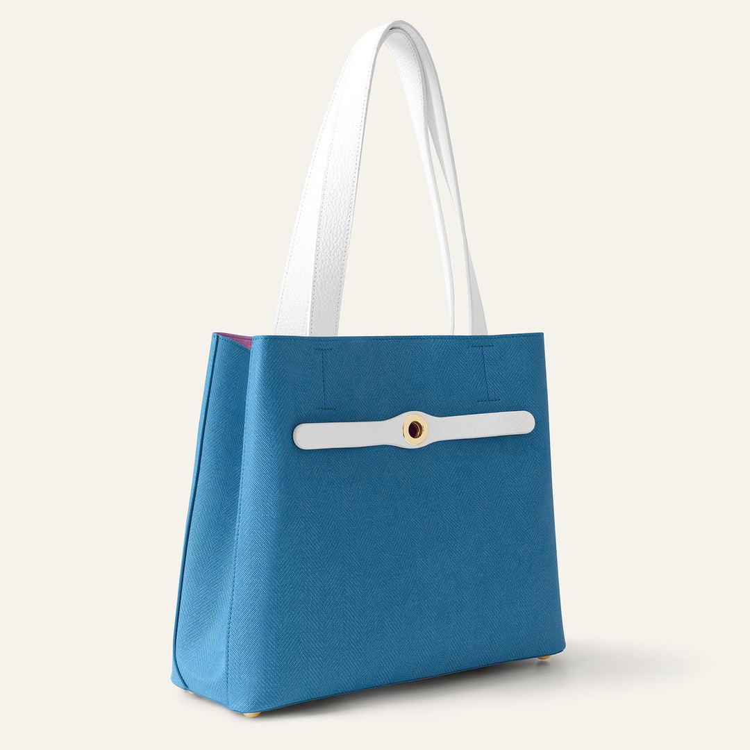 Cobalt with White Complimentary Bag Q1 Reservation: Sarah Tote with Gold hardware side closed  | U81-G