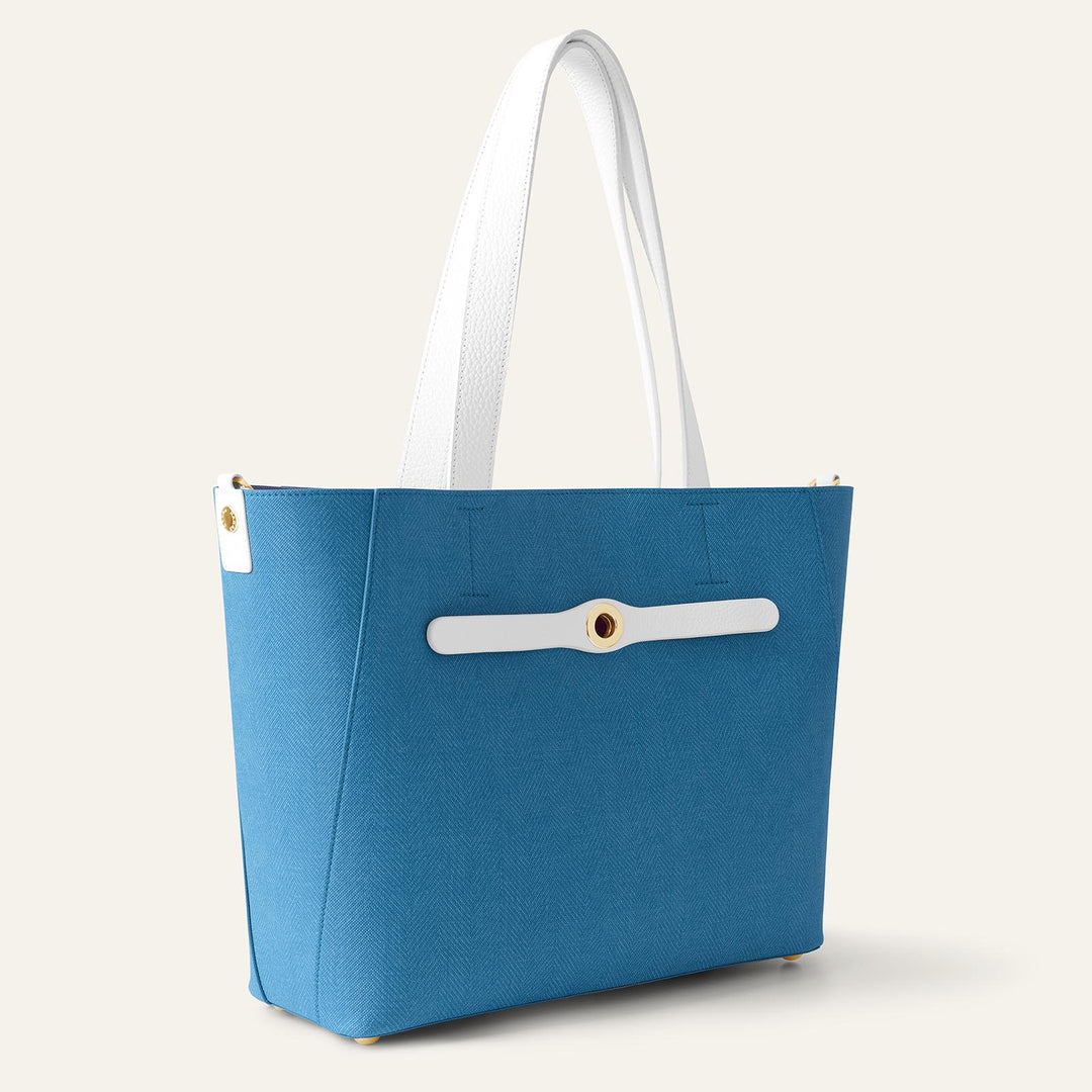 Cobalt with White Complimentary Bag Q1 Reservation: Sarah Tote with Gold hardware side open | U81-G