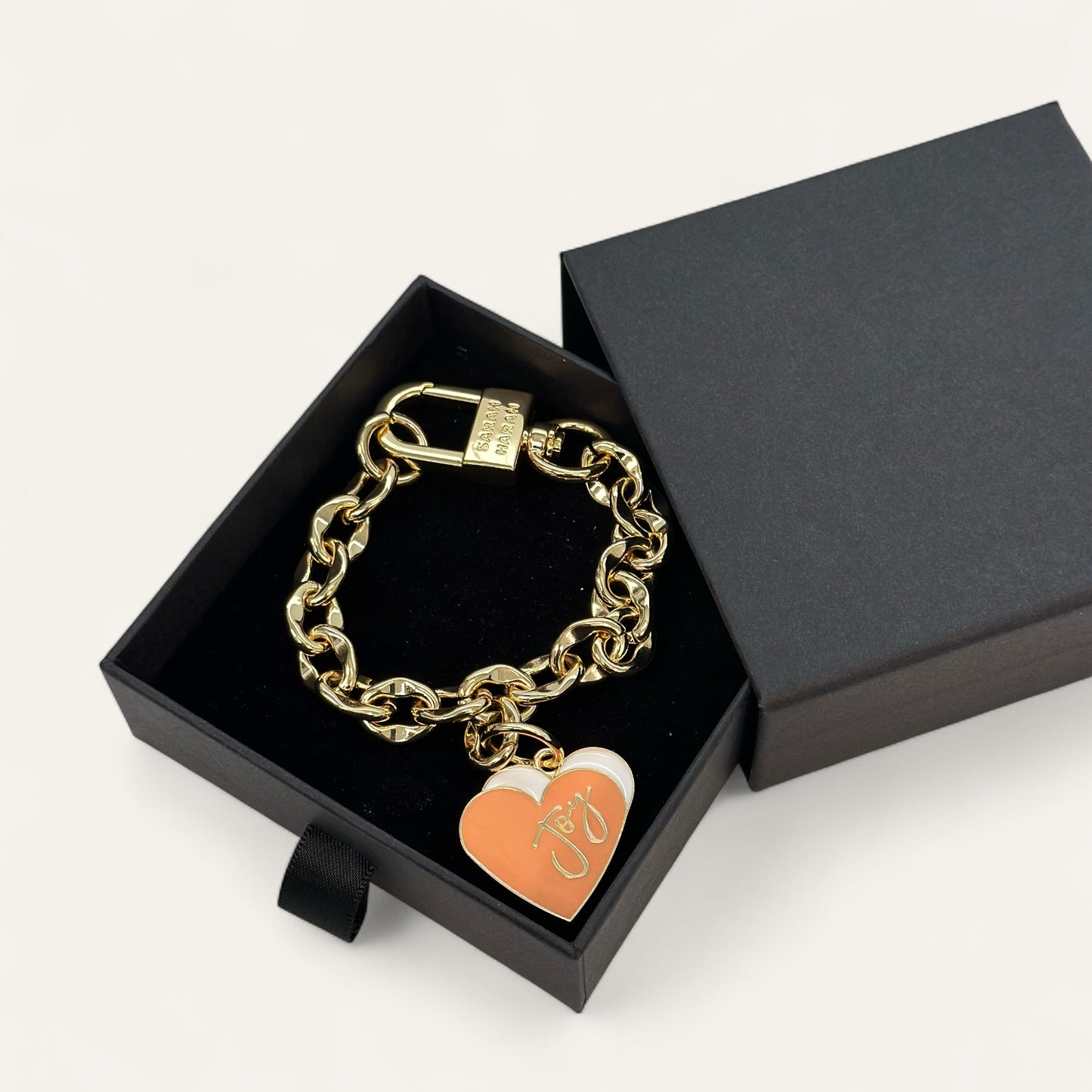 Padlock Chain Heart Bracelet | Coral Heart with Gold hardware