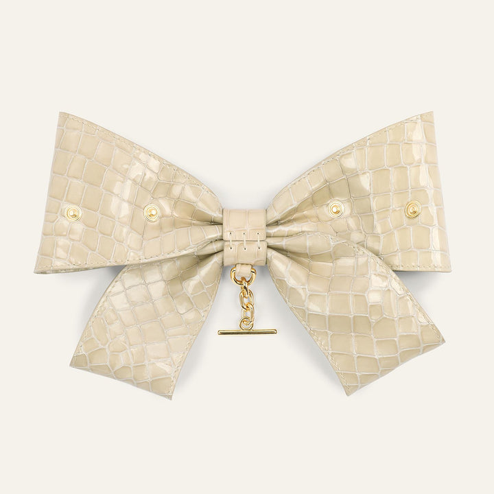 Cream Patent Croc Sarah Haran Deco Bow Textured with Silver hardware back | C13-G