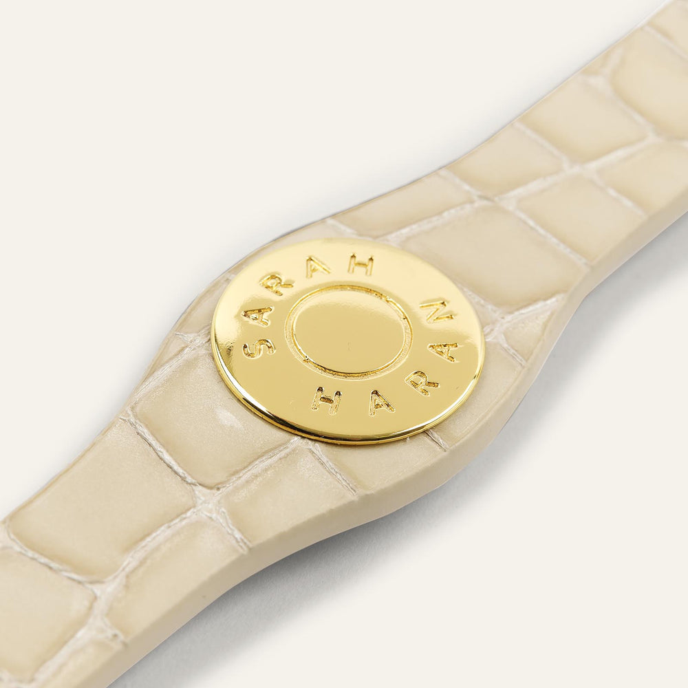 Cream Patent Croc Sarah Haran Deco strip Logo Textured Stud with Silver hardware detail | C13-G