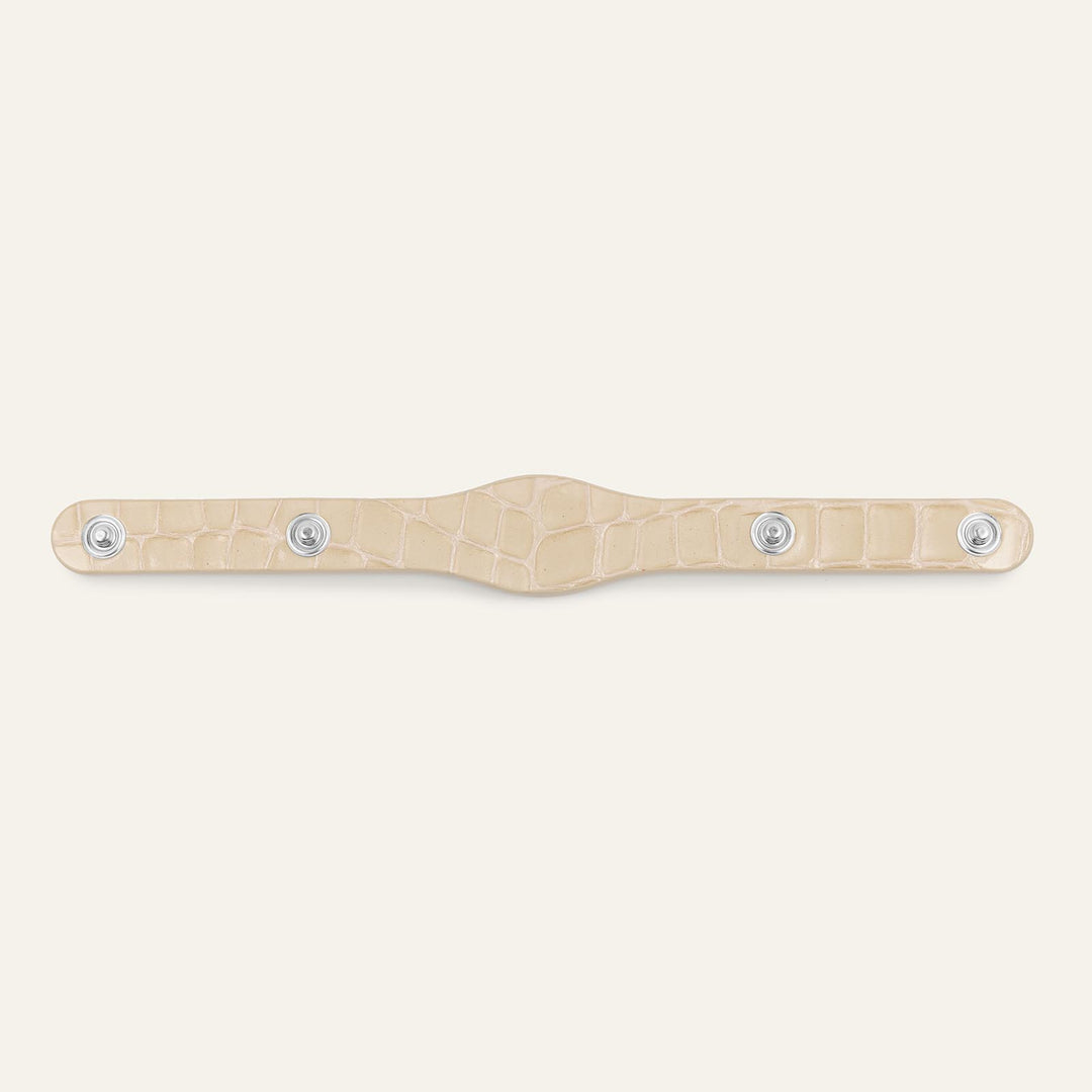 Cream Patent Croc Sarah Haran Deco strip Logo Textured Stud with Gold hardware back | C13-S