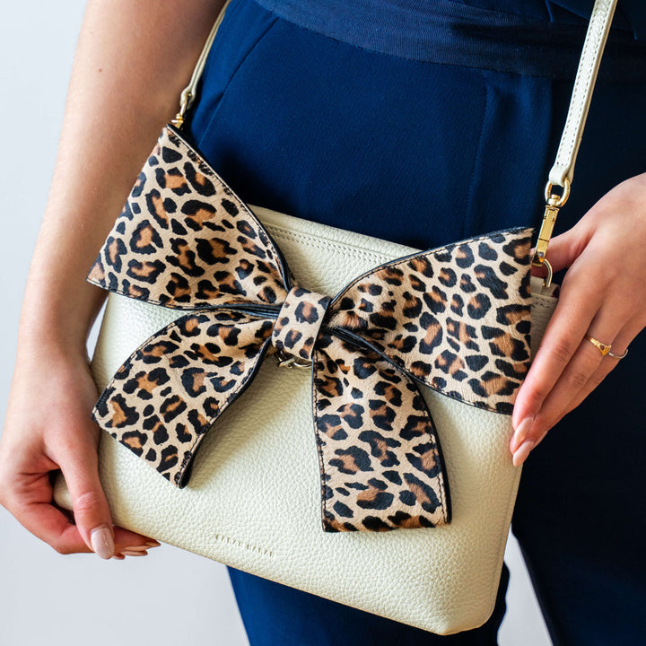 Leopard Calf Sarah Haran Deco Bow Textured with Gold hardware model | LEO-G