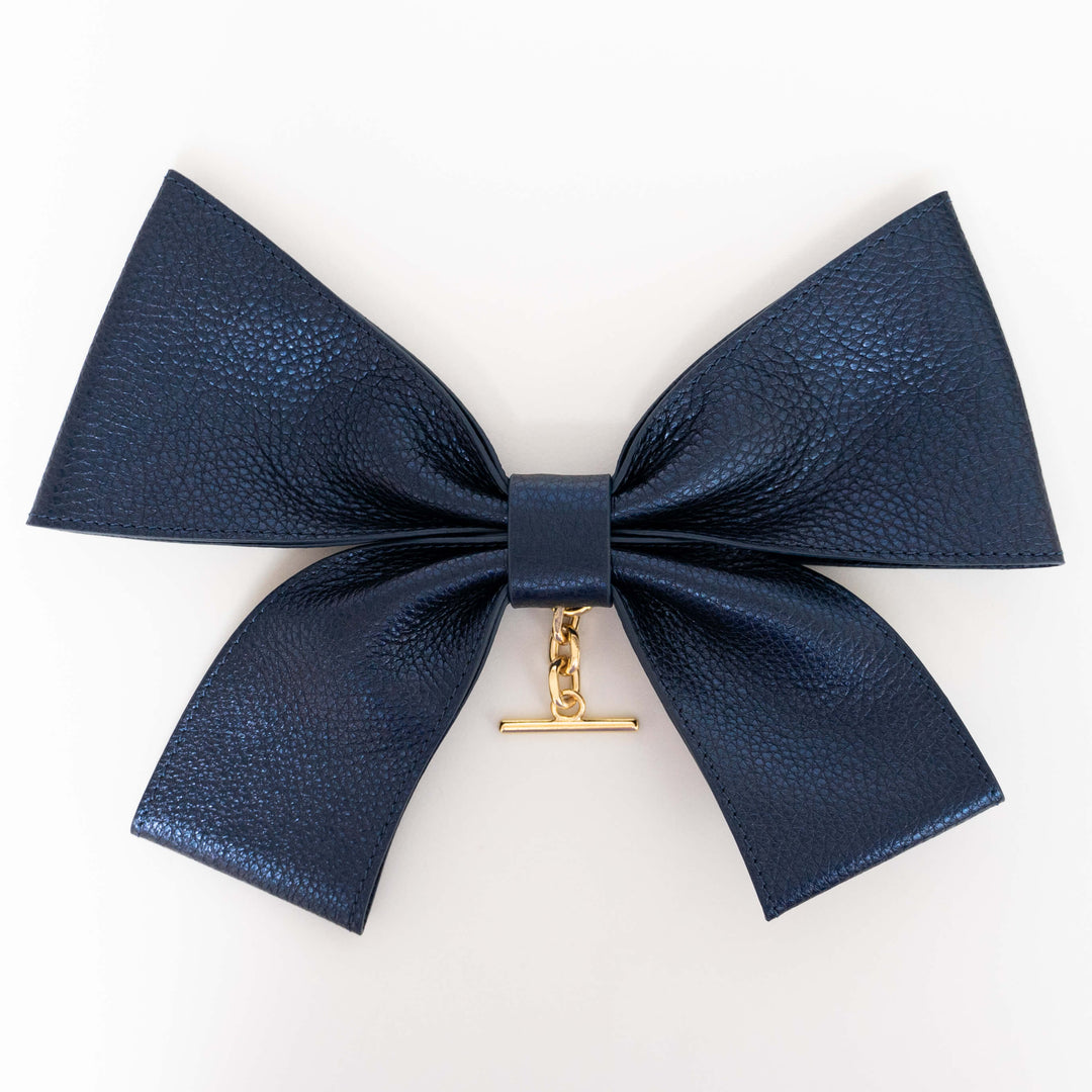 Metallic Navy Sarah Haran Deco Bow Textured with Gold hardware back | U38-G