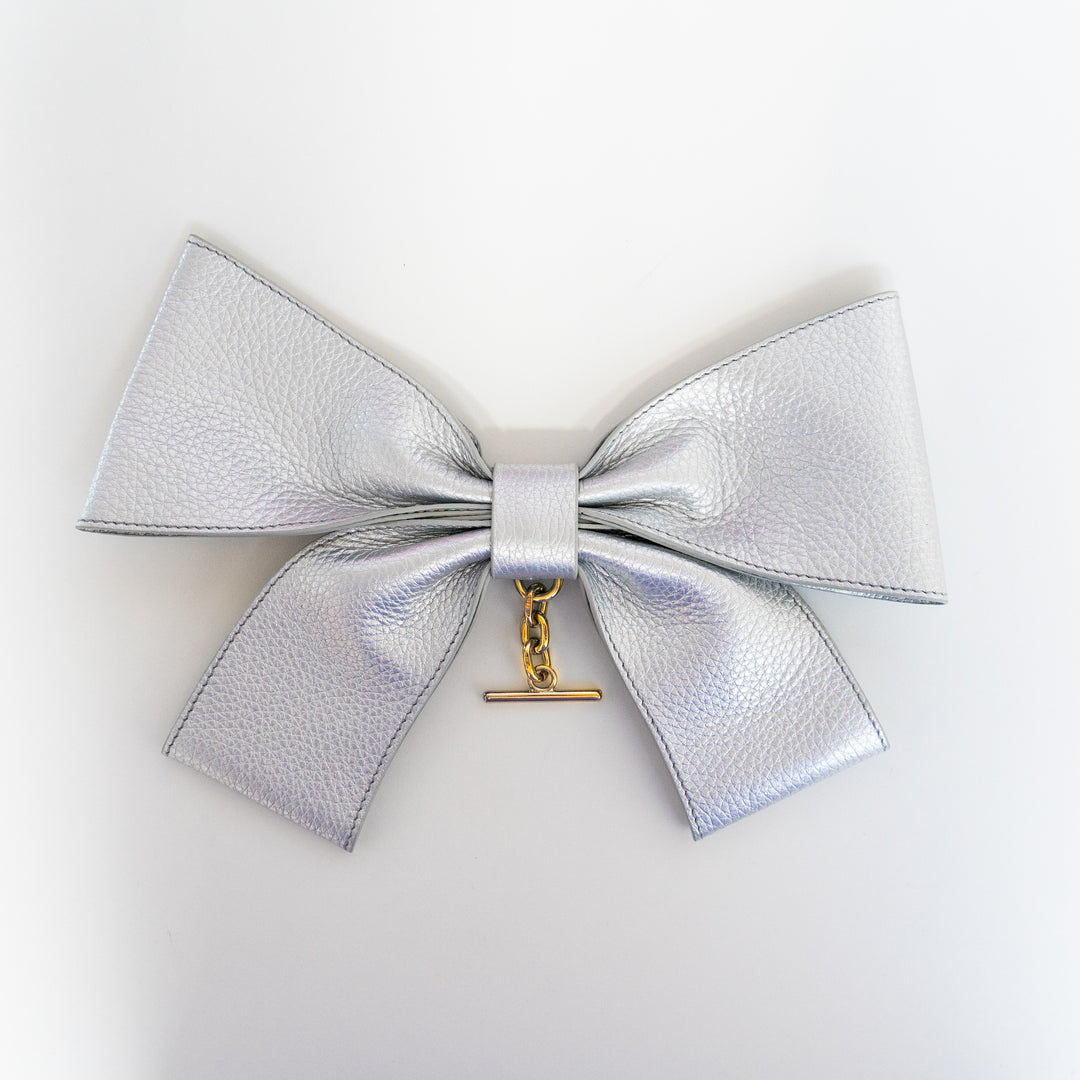 Soft Metallic Silver Sarah Haran Deco Bow Textured with Gold hardware back | M05-G