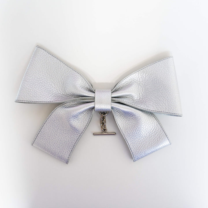 Soft Metallic Silver Sarah Haran Deco Bow Textured with Silver hardware back 1 | M05-S