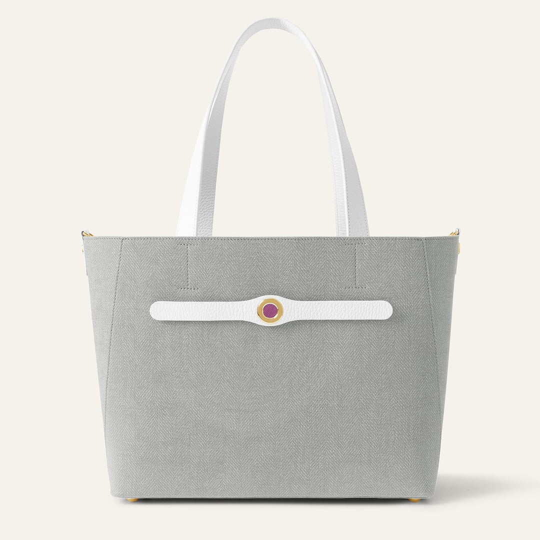 Dove with White Complimentary Bag Q1 Reservation: Sarah Tote with Gold hardware front open | A14-G