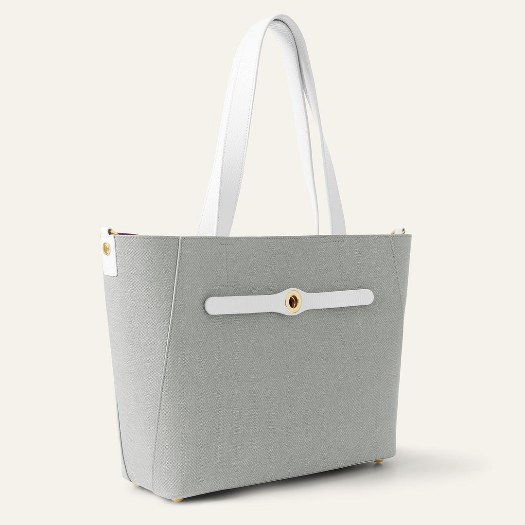 Dove with White Complimentary Bag Q1 Reservation: Sarah Tote with Gold hardware side open | A14-G