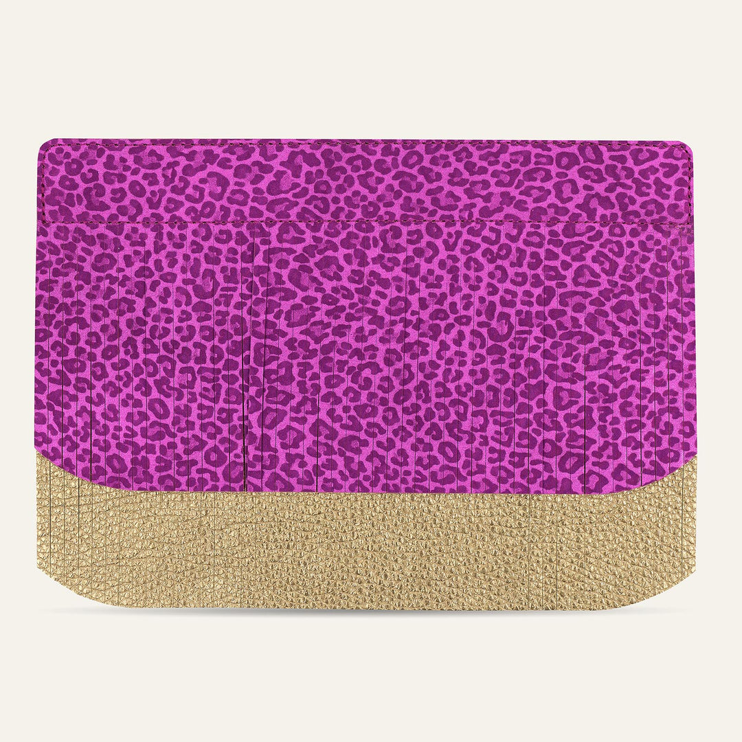 Hot Pink Leopard Metallic Gold Shimmer Sarah Haran Deco Fringing with Gold hardware front | P75-G