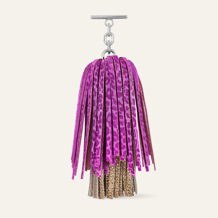 Hot Pink Leopard Metallic Gold Shimmer Sarah Haran Double Pompom Tassel Textured with Silver hardware front 1 | P75-S