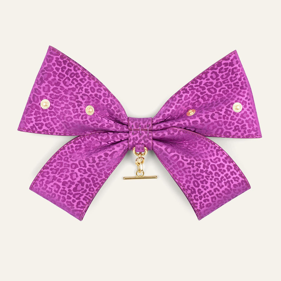 Hot Pink Leopard Sarah Haran Deco Bow Textured with Gold hardware back | P70-G