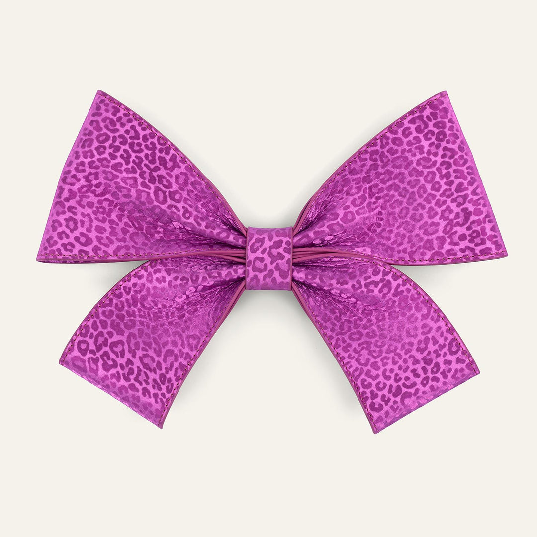 Hot Pink Leopard Sarah Haran Deco Bow Textured with Gold hardware front | P70-G