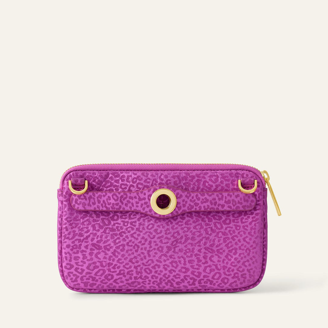 Hot Pink Leopard Sarah Haran Millie Pouch Textured with Gold hardware back | P70-G