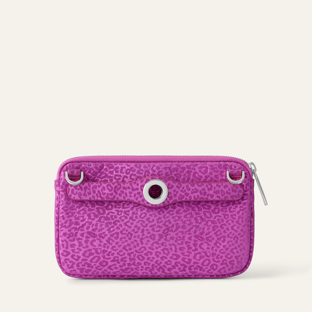 Hot Pink Leopard Sarah Haran Millie Pouch Textured with Silver hardware back | P70-S