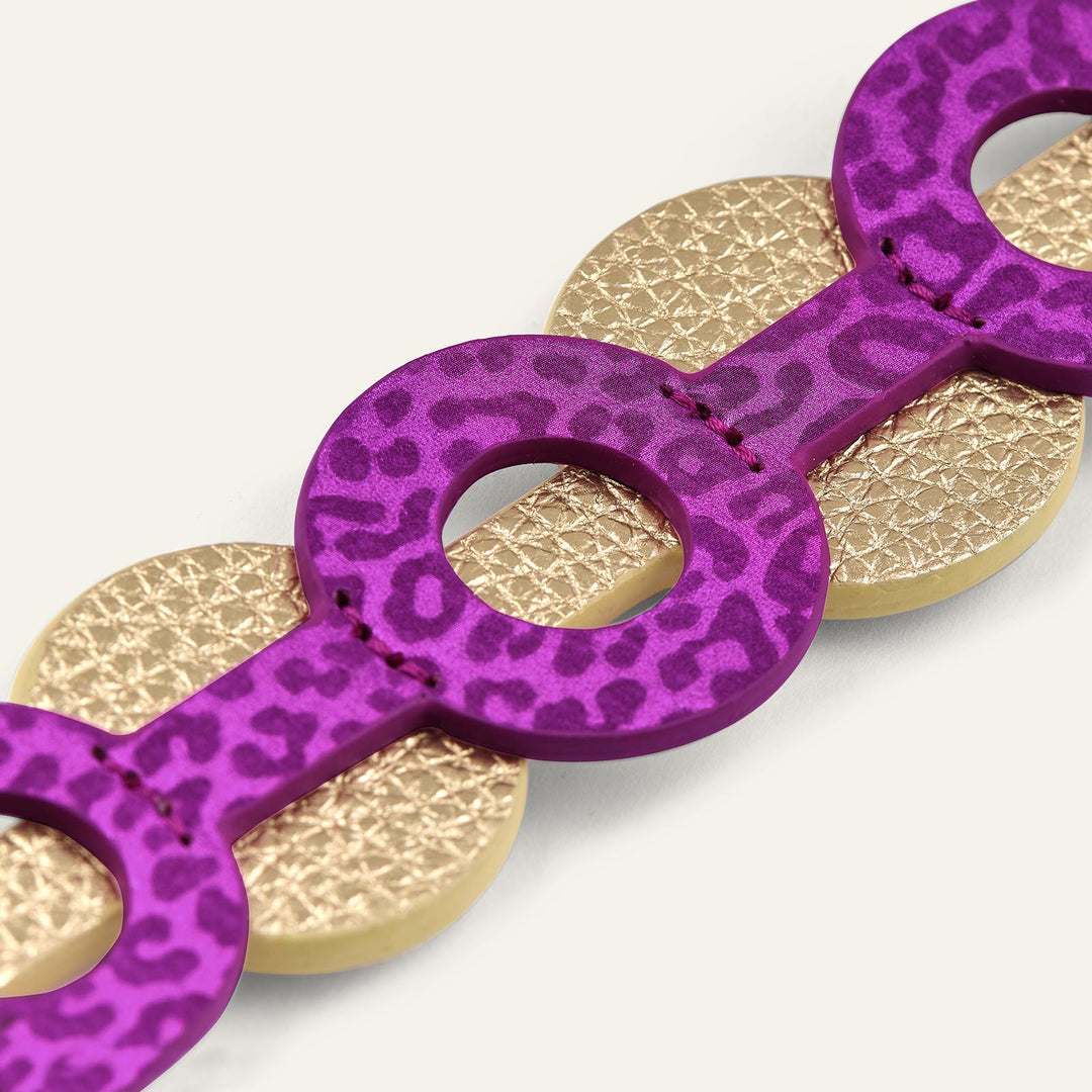 Hot Pink Leopard with Metallic Gold Shimmer Sarah Haran Deco Strip Textured Circle with Silver hardware detail | P75-S