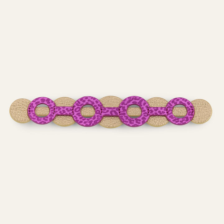 Hot Pink Leopard with Metallic Gold Shimmer Sarah Haran Deco Strip Textured Circle with Silver hardware front | P75-S