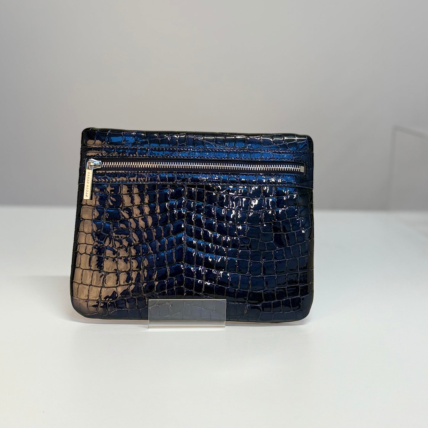 Mia Pouch | Navy Patent Croc with Silver hardware