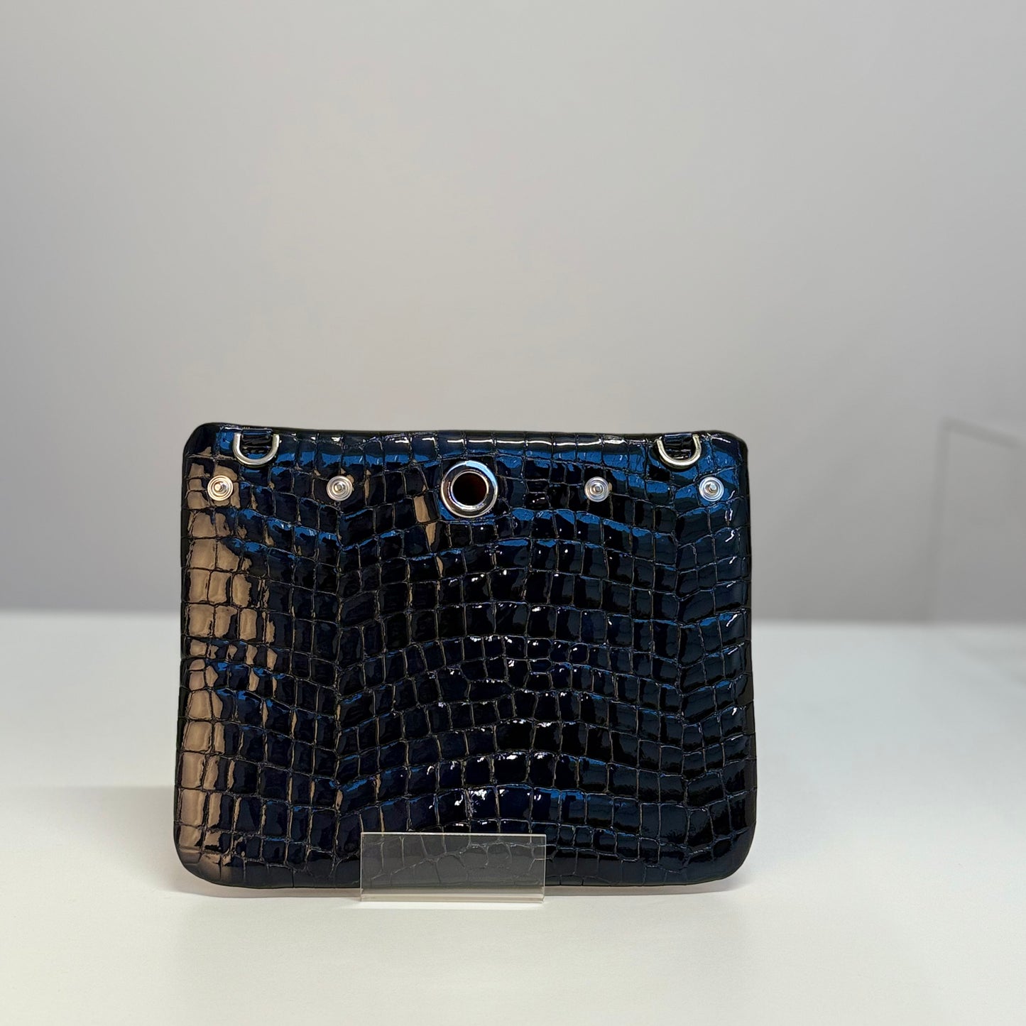 Mia Pouch | Navy Patent Croc with Silver hardware