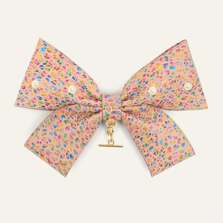 Leopard Confetti Sarah Haran Deco Bow Textured with Gold hardware back | P73-G