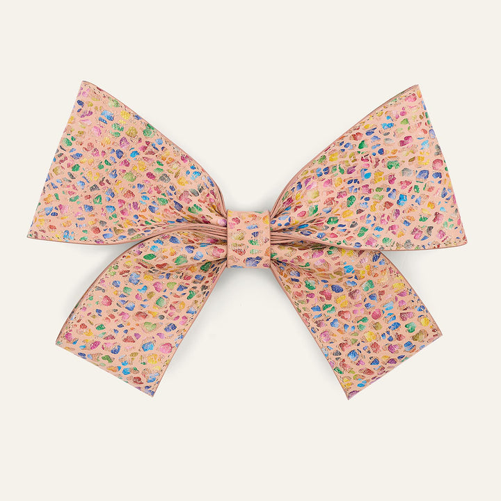 Leopard Confetti Sarah Haran Deco Bow Textured with Gold hardware front | P73-G