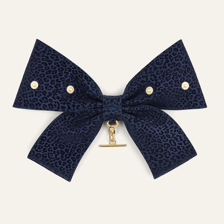 Navy Leopard Sarah Haran Deco Bow Textured with Gold hardware back | U57-G