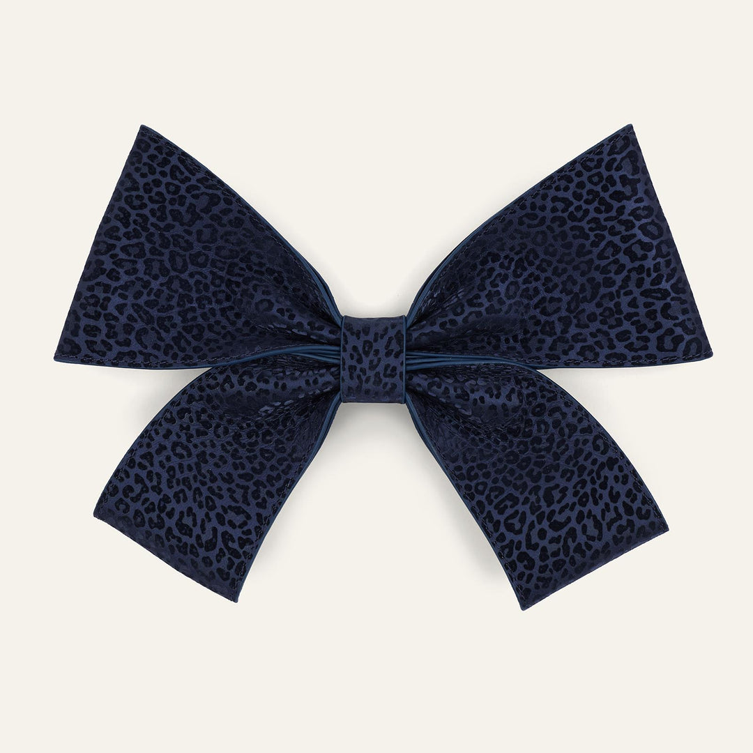 Navy Leopard Sarah Haran Deco Bow Textured with Gold hardware front | U57-G