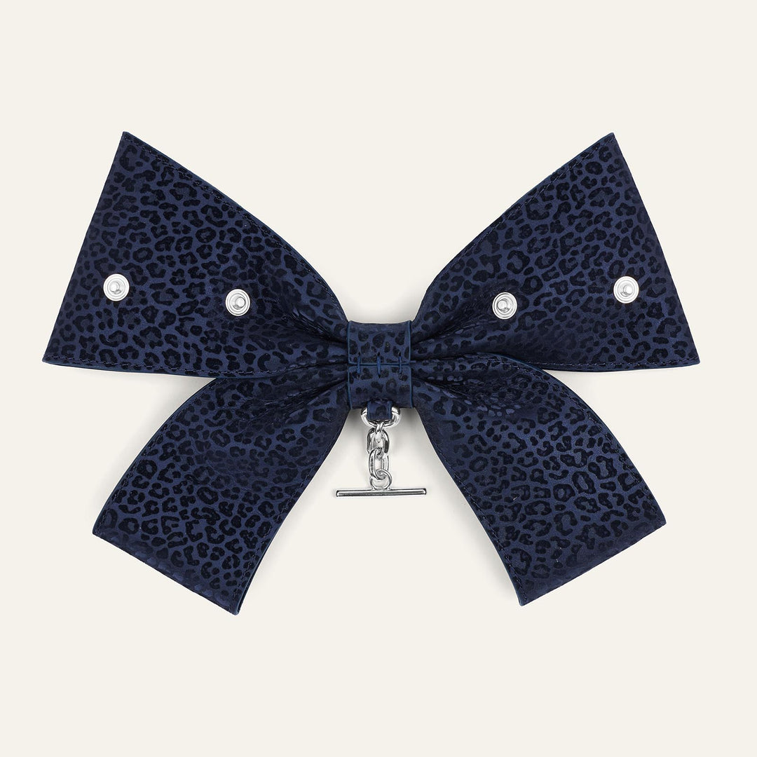 Navy Leopard Sarah Haran Deco Bow Textured with Silver hardware back | U57-S