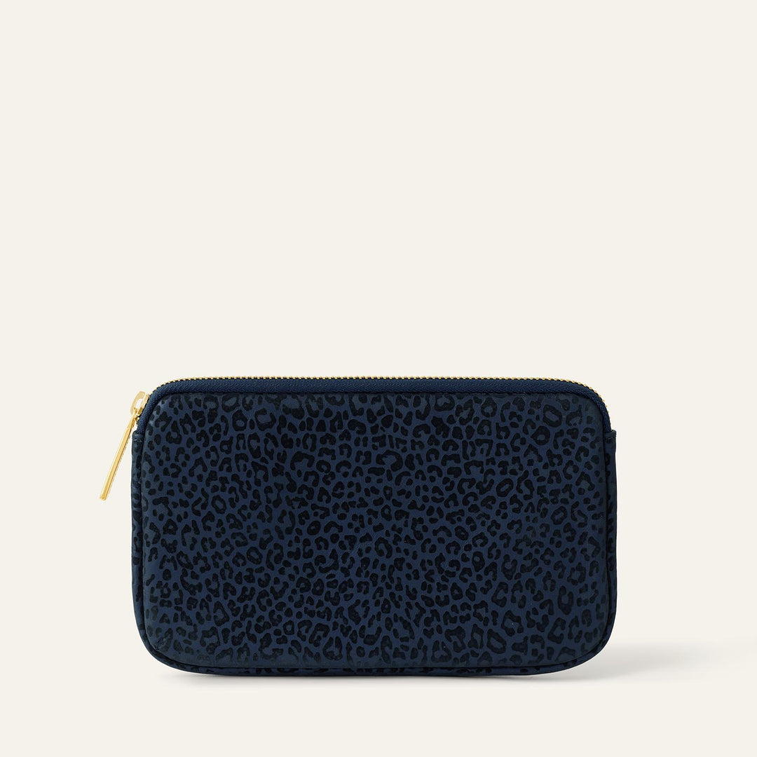 Navy Leopard Sarah Haran Millie Pouch Textured with Gold hardware front | U57-G