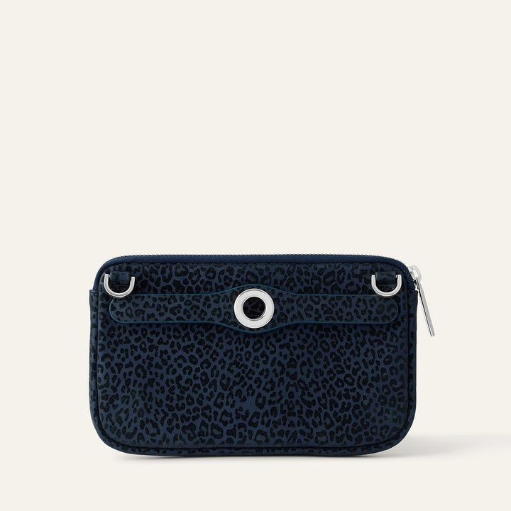 Navy Leopard Sarah Haran Millie Pouch Textured with Silver hardware back 1 | U57-S