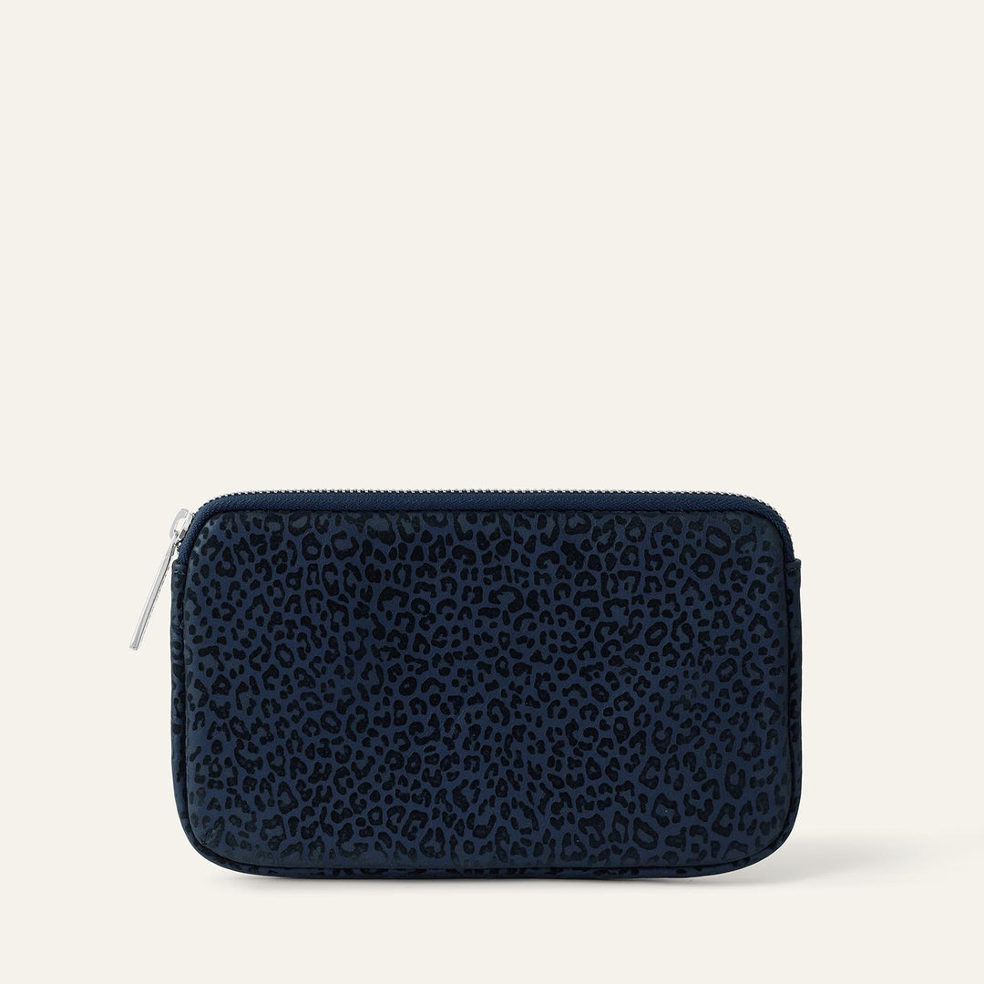 Navy Leopard Sarah Haran Millie Pouch Textured with Silver hardware front | U57-S