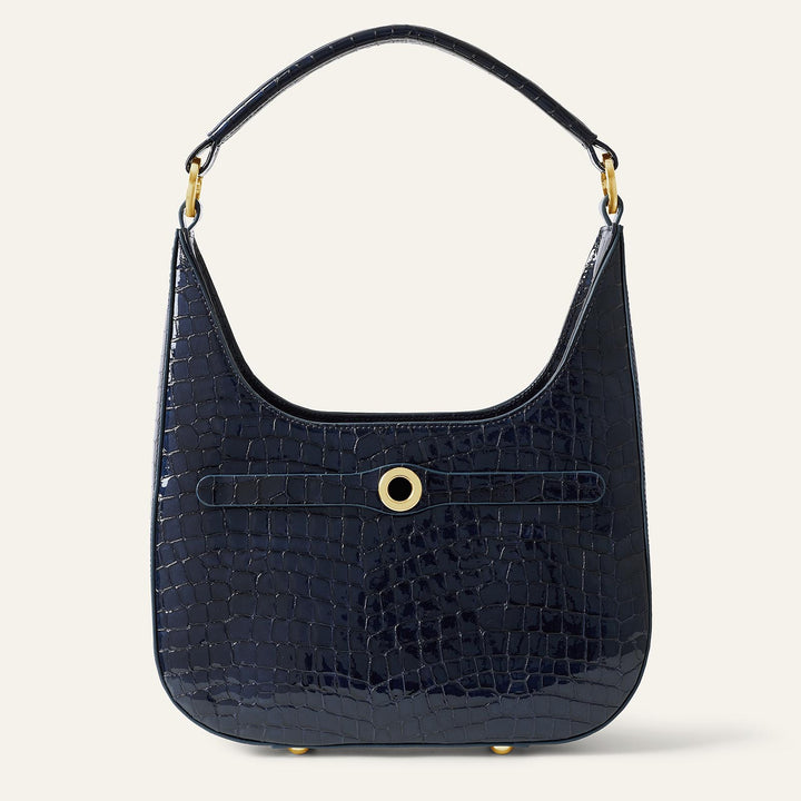 Navy Patent Croc Florence Hobo Bag - Patent with Gold hardware front 1 | U74-G