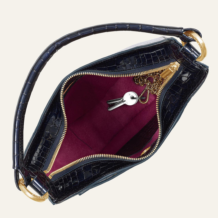 Navy Patent Croc Florence Hobo Bag - Patent with Gold hardware overhead| U74-G