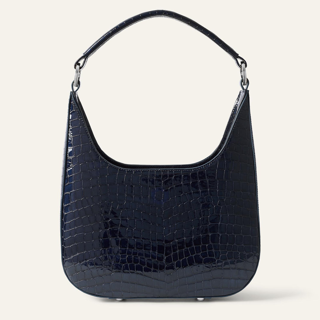 Navy Patent Croc Florence Hobo Bag - Patent with Silver hardware back| U74-S