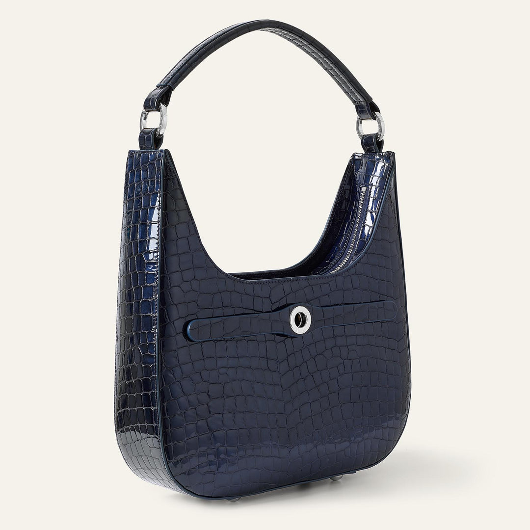 Navy Patent Croc Florence Hobo Bag - Patent with Silver hardware side| U74-S