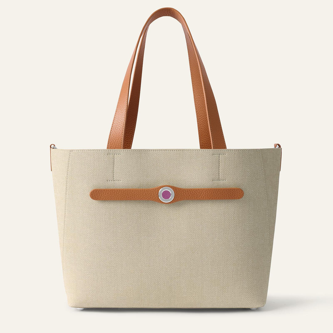 Sand with Tan Complimentary Bag Q1 Reservation: Sarah Tote with Silver hardware front open | N38-S