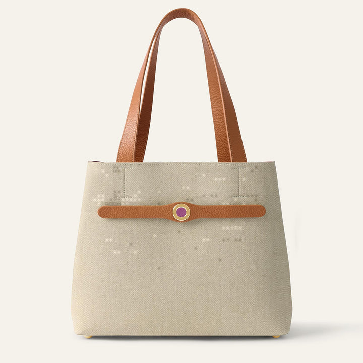 Sand with Tan Complimentary Bag Q1 Reservation: Sarah Tote with Gold hardware front closed| N38-G